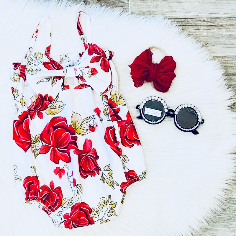 Red and White Floral Romper