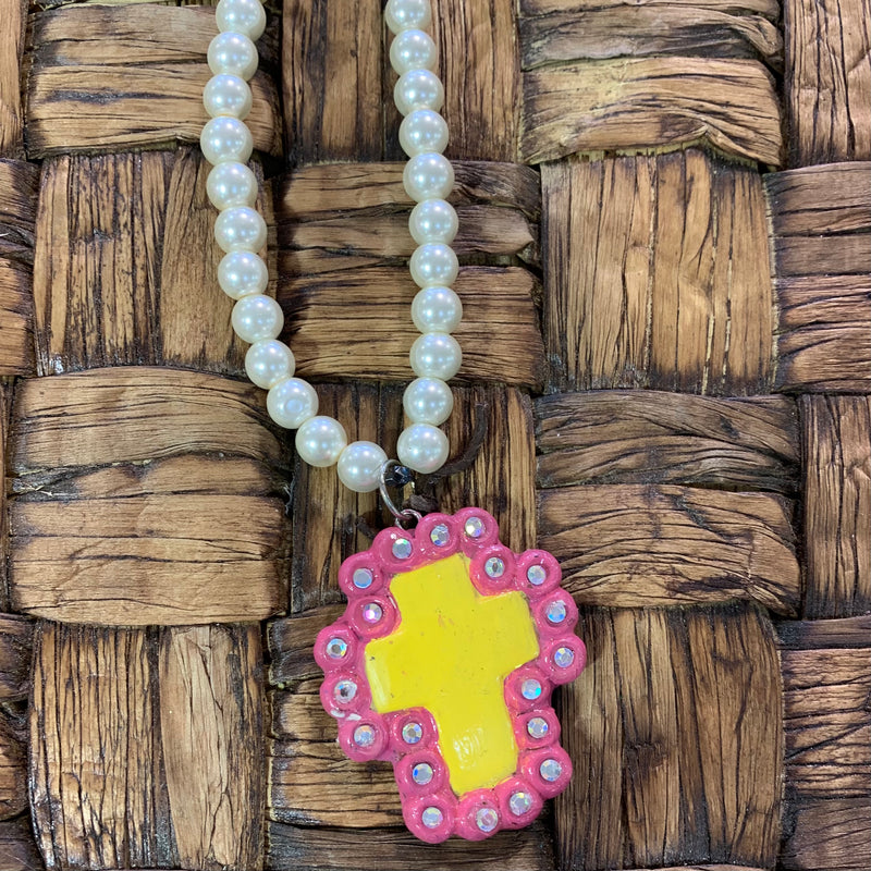 Pink and Yellow Cross Pearl Necklace
