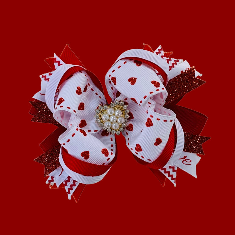 Red and White Heart Layered Bow